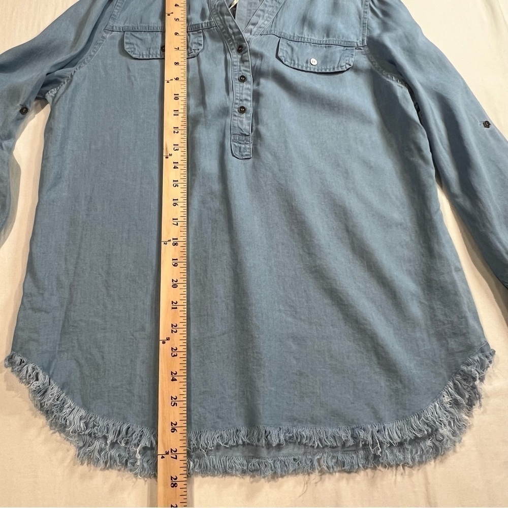 Hester & Orchard Women’s Shirt Tencel Button Slit Neck Blue Fringe Hem Small - Picture 11 of 16